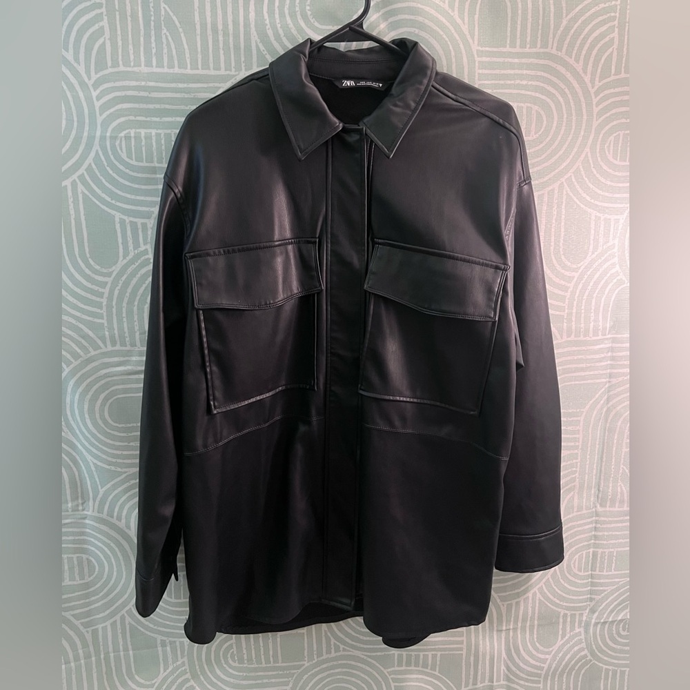 Zara Black Faux Leather Oversized Shacket Size Small